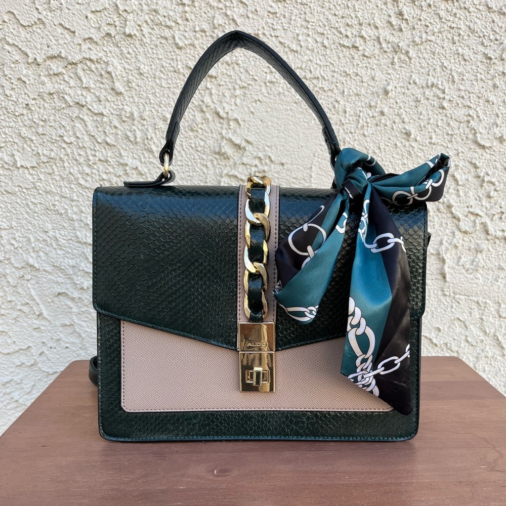 Aldo Top Handle Structured Purse Dark Green/Taupe.